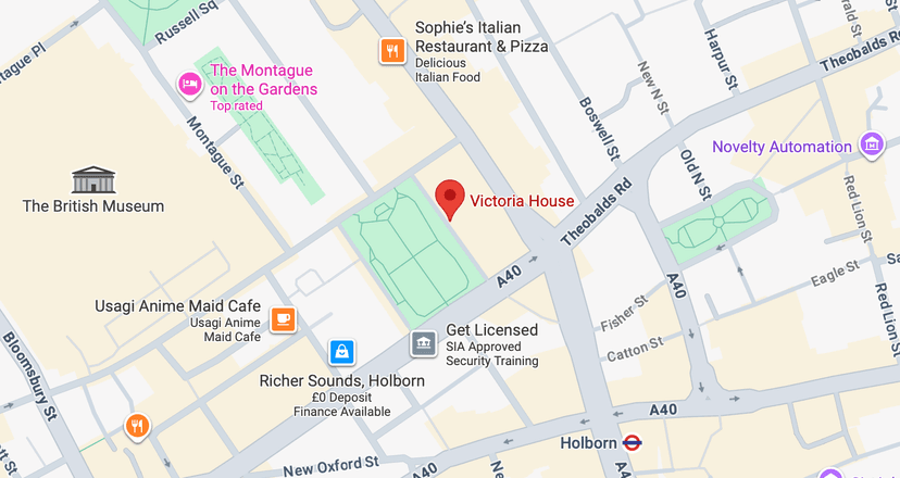 Map showing Victoria House, Bloomsbury Square, London